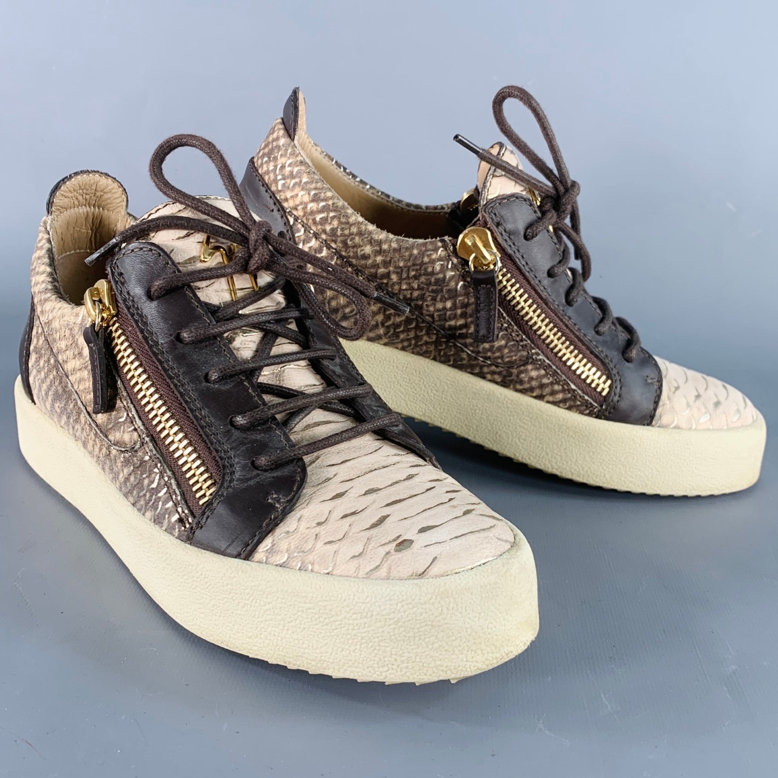 Giuseppe Zanotti Size 9 Beige Brown Leather Textured Double Side Zipper Sneakers
